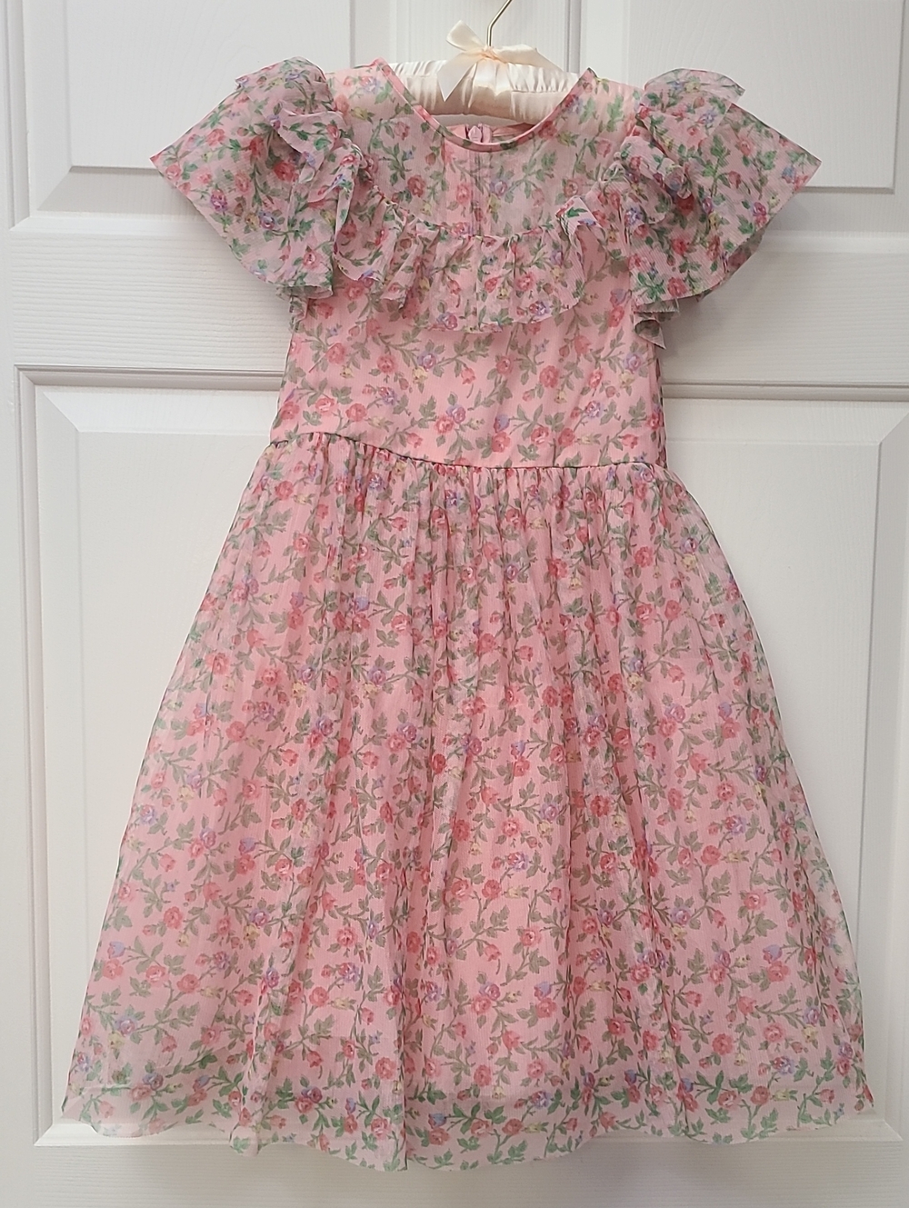 Mini Boden Pink Floral Ruffle-Sleeve Party Dress